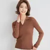 Camiseta de manga larga casual para mujer, color liso, acanalada, con cuello polo, corte ajustado, de lana hilada fina, marca Yangtze Yarn (Alemania)