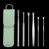 Conjunto de estojo de couro para cureta de ouvido, cureta para limpeza, limpador de ouvido espiral de aço inoxidável para adultos e crianças, conjunto portátil de 6 peças