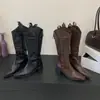 Botas Western Retro de Tacón Alto y Punta Aguda para Mujer, Para Estatura Baja, Tacón Grueso, Altas hasta la Rodilla, Negras