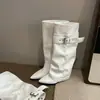 Hebilla de Cinturón Versión Piel de Vaca Retro de Nicho Chica Picante Botas de Caballero Pantalón con Pierna Desmontable para Mujer Botas de Punta Hasta la Rodilla