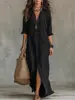 Vestido de corte solto, Primavera/Verão 2026, cor sólida, com gola, casual, com fenda, vestido longo, preto, branco, verde