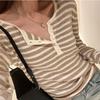 Otoño e Invierno Adelgazante Chica Caliente Cuello Medio Abierto Hombro Derecho Camiseta Básica Rayas en Contraste Blanco y Negro Manga Larga Top Versátil para Mujeres Ins