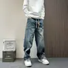 Jeans casual reto da moda estilo americano com listras verticais e patchwork, novas calças casuais de trabalho de corte solto da alta rua para homens