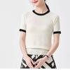 [Venta Especial] Camiseta Suéter de Punto de Verano para Mujer Manga Corta Suéter de Lana Rayado de Cuello Redondo Corto para Mujer