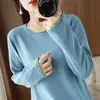 Suéter de punto cruzado de hilo de algodón para mujer, ancho 2025 cuello redondo, capa base talla grande, dobladillo enrollado para mujer, top suéter suelto de otoño