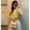 Blusa de Verão Feminina em Tricô Vazado de Seda Gelada Estilo Francês, Manga Curta, Linda Camiseta Elegante Preta Estilo Chanel que Marca a Cintura