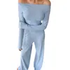 Conjunto Popular de Punto Acanalado Off-Shoulder y Pantalones de Pierna Ancha para Otoño e Invierno, Transfronterizo Europeo y Americano, Pijama, Ropa de Casa para Mujer