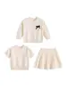 Conjunto de tricô para meninas primavera e verão novas chegadas estilo francês jaqueta com laço feito à mão saia curta plissada de manga curta conjunto de três peças