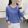 Camisa Delgada Calada 2023 Primavera y Otoño Nueva Coreana Holgada Cuello en V Suéter Pulóver para Mujer Color Sólido Camisa Base de Punto