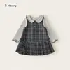 Bangxuan Huzhou Zhili Ropa Infantil Atuendo Dulce de Niña Vestido Chaleco a Cuadros Camisa Base con Cuello de Encaje Conjunto de Dos Piezas Infantil