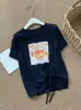 Camiseta de Algodón con Estampado de Cesta y Tacto a Lino para Mujer, Estilo de Nicho a la Moda con Cordón Lateral, Cuello Redondo, Estilo Coreano, Top que Reduce la Edad para Verano