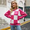 Moda Nueva Primavera 2026 Europeo y Americano Comercio Exterior Amazon Cuello Redondo Tejido Rojo Rosa Cuadros Suéter Jersey Camisa Celebridad de Internet