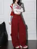 Calça Jeans Ankela Vermelha de Barra Curva para Mulheres 2026 Nova Cintura Alta Outono/Inverno Emagrecedora Solta de Perna Larga Roupa de Trabalho Calça Banana