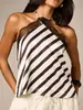 Top casual de encaje con retazos, cuello halter, satén estampado, espalda descubierta con amarre, superventas transfronterizo europeo y americano para usar sobre otras prendas y en capas