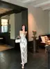 Shimei 2025 Verano Vestido de Tirantes Patchwork de Encaje Francés para Mujer Elegante Bodycon Ceñido a la Cintura Estampado de Leopardo Largo