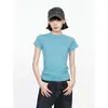 Camiseta Azul de Algodão Puro com Ombro Normal de Manga Curta para Mulheres Primavera/Verão 2026 Nova Slim Fit Cor Sólida Versátil Camada Base Top Pesado