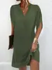 2026 Nuevo Vestido de Moda Casual Elegante de Verano para Mujer Europeo y Americano Amazon con Cuello en V, Plisado y Mangas Murciélago