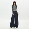 Pantalones de Mezclilla Anchos para Mujer, Diseño Simple Retro Americano Azul Oscuro de Otoño, Casual, Holgados, Versátiles, de Cintura Alta, Adelgazantes