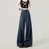 Jeans Feminino Azul Escuro de Cintura Alta com Barra Larga - Novo para Primavera e Outono - Calça Reta Solta Emagrecedora - Nova Calça Longa