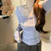 Toma real: Camiseta térmica de mujer, nuevo modelo otoño 2026, camiseta de manga larga, top morado de encaje ajustado 19592