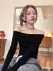 Top de Hombros Descubiertos Clavícula de un Hombro Color Albaricoque para Mujer Otoño/Invierno Manga Larga Ajustado Capa Interior Suéter de Punto Básico Jumper Talla Única