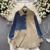 Camisa de manga larga estilo Hong Kong retro para mujer, otoño e invierno, costuras irregulares, diseño holgado de mezclilla, top con temperamento
