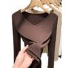 Camiseta de Base Acanalada para Mujer 2025 Estilo Europeo Elegante Cuello en V Manga Larga Camiseta Elástica Ropa Interior Ceñidor de Cintura Otoño Temprano