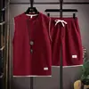 Conjunto de camisetas de punto gofre de manga corta y sin mangas para hombre, chaleco de verano, atuendo casual deportivo para estudiante, conjunto moderno para hombre