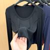 Playera sencilla de hombro descubierto de manga larga para mujer 2025 Primavera Nueva Playera ajustada de cuello redondo para mujer Top ajustado con cintura de espina de pescado