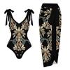 Conjunto de Vacaciones Estilo Bohemio para Mujer, Vestido de Baño de una Pieza con Falda Cruzada para Playa y Aguas Termales, Estilo de Vacaciones Europeo y Americano Estampado