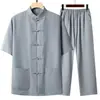 Conjunto de Roupa Tang de Manga Curta Estilo Chinês de Verão para Homens de Meia-Idade e Idosos, Camisa Masculina Casual Estilo Pai, Estilo Solto e Fino