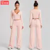 Conjunto de fitness transfronterizo con tirantes estilo ballet, top de manga larga, secado rápido, levantamiento de glúteos, ajuste holgado, conjunto deportivo para correr al aire libre para mujer