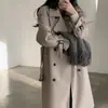 Abrigo de lana de doble botonadura con cordones para mujer, de alta calidad, de Dongdaemun, Corea; abrigo de lana grueso de longitud media