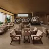 Sillón Sofá de Restaurante de Piel Nappa Retro, Combinación de Mesa y Sillas de Madera Maciza para Cafetería, Mesa de Bar de Taberna, Lujo y Comodidad Accesibles