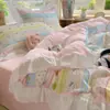 Juego de ropa de cama de cuatro piezas de algodón lavado con encaje color crema estilo japonés para niñas, funda de edredón estilo coreano, sábana bajera y funda de edredón, juego de tres piezas para dormitorio
