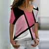 Em Estoque Site Independente Amazon Novo Estilo Europeu e Americano Camiseta Estampada 3D com Decote V de Manga Curta para Mulheres com Estampa Floral Top Casual