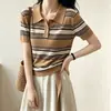 Camiseta de punto para mujer estilo francés, con cuello polo a rayas caqui, manga corta, top de verano de seda helada estilo old money, corte ajustado