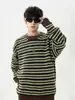 Suéter Jianheng para Hombre Otoño e Invierno Retro Pulóver Superior Holgado Casual Rayas Color de Contraste Cuello Redondo Suéter Pareja Mujer