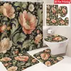Juego de Cuatro Piezas de Cortina de Ducha y Alfombrilla de Baño con Diseño de Flores y Plantas Transfronterizas para Baño del Hogar, Cortina de Ducha Divisoria de Separación Seca y Húmeda, Cortina de Ducha Impermeable