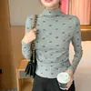 H578 Elegante Camiseta Básica de Cuello Alto Parcial Ajustada con Lazo y Estampado Floral de Manga Larga para Mujer, Directo del Fabricante