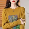 Suéter de punto 100% algodón transfronterizo para mujer, top de manga larga con cuello redondo para otoño, nuevo suéter estampado, camiseta interior