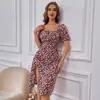 Vestido feminino longo de verão 2024, novo estilo europeu e americano, moda floral, zíper nas costas, fenda, gola quadrada