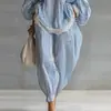 Moda Femenina Europea y Americana 2026 Conjunto Holgado de Encaje con Rayas Azules y Blancas para Mujer Conjunto Casual de Dos Piezas con Pantalones de Pierna Ancha y Manga Larga