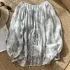 Camisa tipo babydoll floral azul de algodón y lino para mujer con mangas abullonadas y cordón, top holgado y ligero
