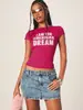 Superventas Transfronterizo Europeo y Americano Estampado de Slogan en Inglés Camiseta de Manga Corta Cuello Redondo Ajustada Corta Reveladora de Cintura Top Casual de Chica Atrevida