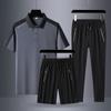 Meia-idade e idosos de três peças papai Ice Silk terno esportivo masculino sazonal de secagem rápida calças casuais camisa polo de manga curta roupas masculinas