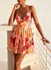 Fornecimento para o Comércio Exterior: Vestido Tropical de Alça Fina Estilo Europeu e Americano, Decote V, Ajuste na Cintura, Vestido Curto Evasê para Férias