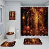 Juego de cortina de ducha con estampado retro de calabaza blanca y hoja de otoño (cuatro piezas). Perfecto para otoño y Acción de Gracias. Cortina de baño/cortina de ducha de poliéster transfronteriza