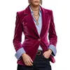 Sitio web independiente Blazer de terciopelo vintage transfronterizo europeo y americano para mujer con solapa de un botón y puños de color contrastante, chaqueta pequeña de corte ajustado
