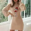 Transfronterizo 2023 Invierno caliente nuevo estampado navideño ajustado tubo manga de farol manga larga vestido navideño europeo y americano